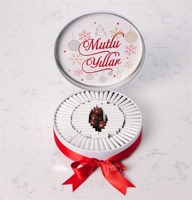 Yılbaşı Çikolatası Metal Kutu Beyaz Tasarım (80 Adet Napoliten Çikolata)