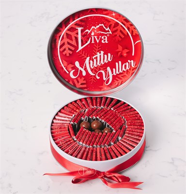 Yılbaşı Çikolatası Metal Kutu Kırmızı Tasarım (80 Adet Napoliten Çikolata)