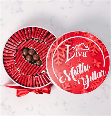Yılbaşı Çikolatası Metal Kutu Kırmızı Tasarım (80 Adet Napoliten Çikolata)