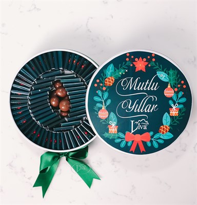 Yılbaşı Çikolatası Metal Kutu Yeşil Tasarım (80 Adet Napoliten Çikolata)